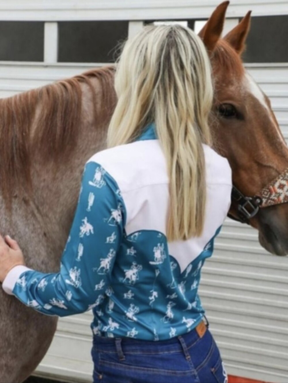RANCH DRESS'N Fallon Taylor "Buckaroo" Turquoise & White Rodeo Performshirt sz S - Picture 5 of 14